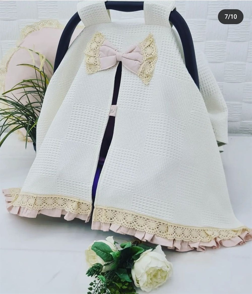 KREM PİKE PUDRA FIRFIRLI DANTELLİ PUSET ÖRTÜSÜ