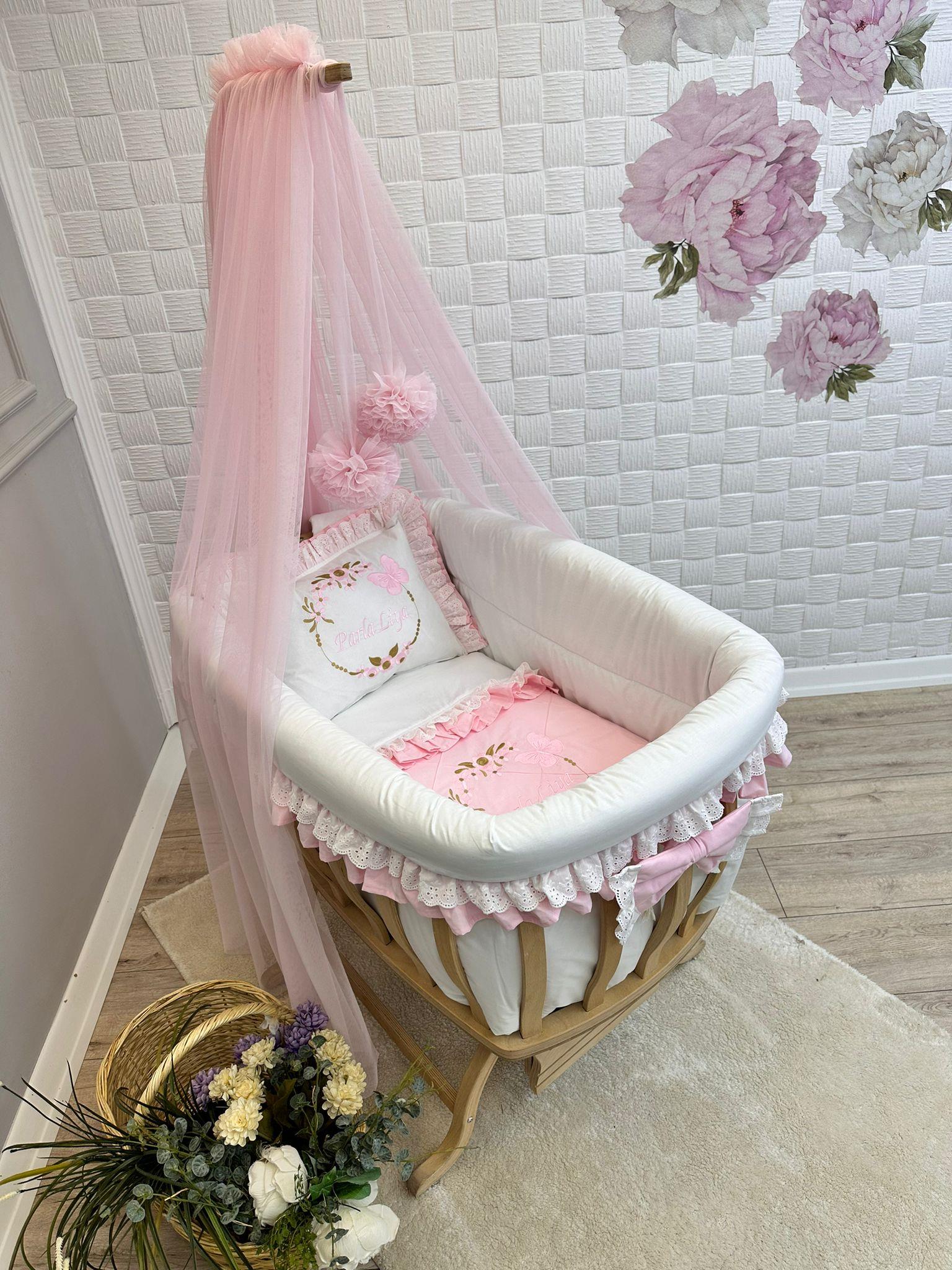 LUXURY BEBEK PEMBE-BEYAZ SEPET BEŞİK UYKU SETİ 
