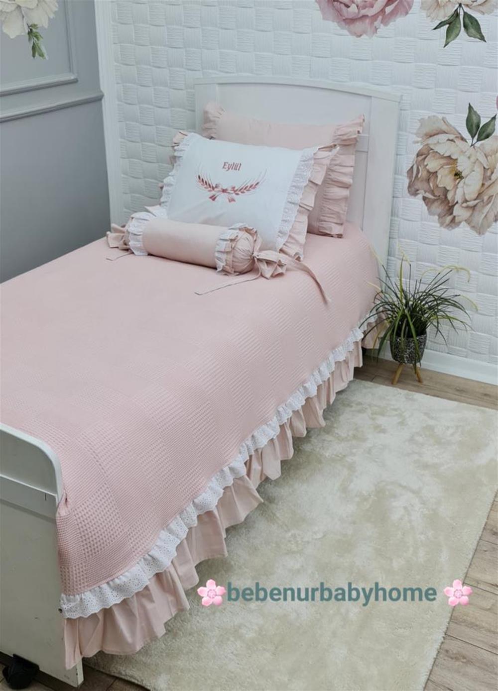 PUDRA PİKE AÇIK PUDRA FIRFIRLI TEK KİŞİLİK YATAK ÖRTÜSÜ