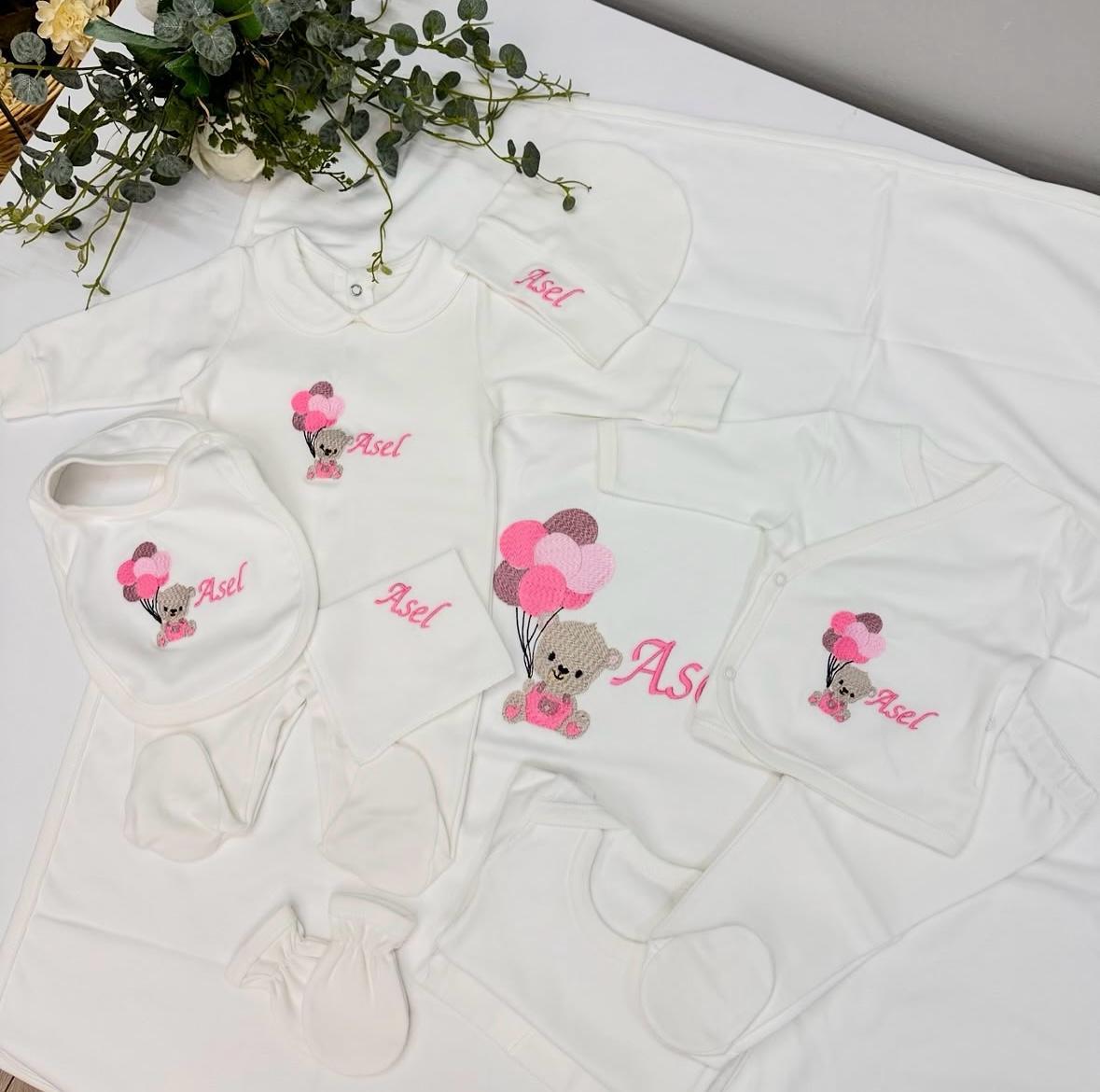 BEYAZ BİYELİ PEMBE AYICIK NAKIŞLI 10 LU SET 