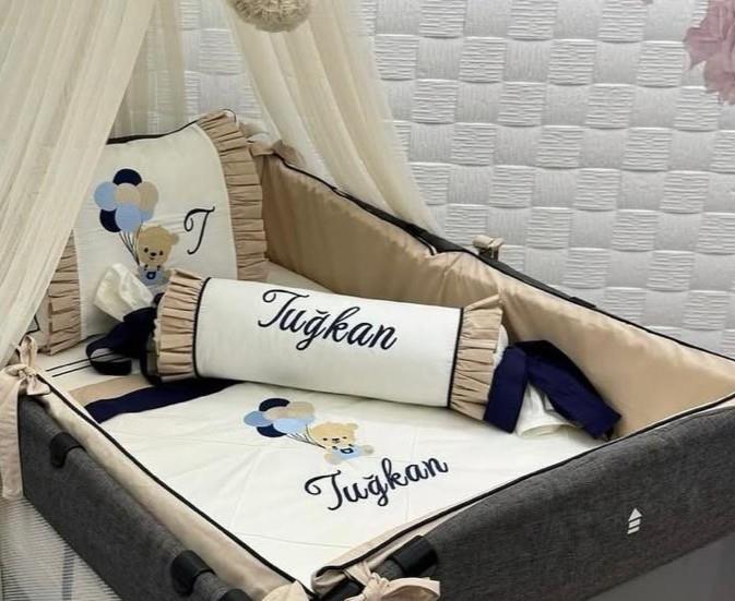 EKRU KAHVE LACİVERT DETAYLI  ŞEKER YASTIK