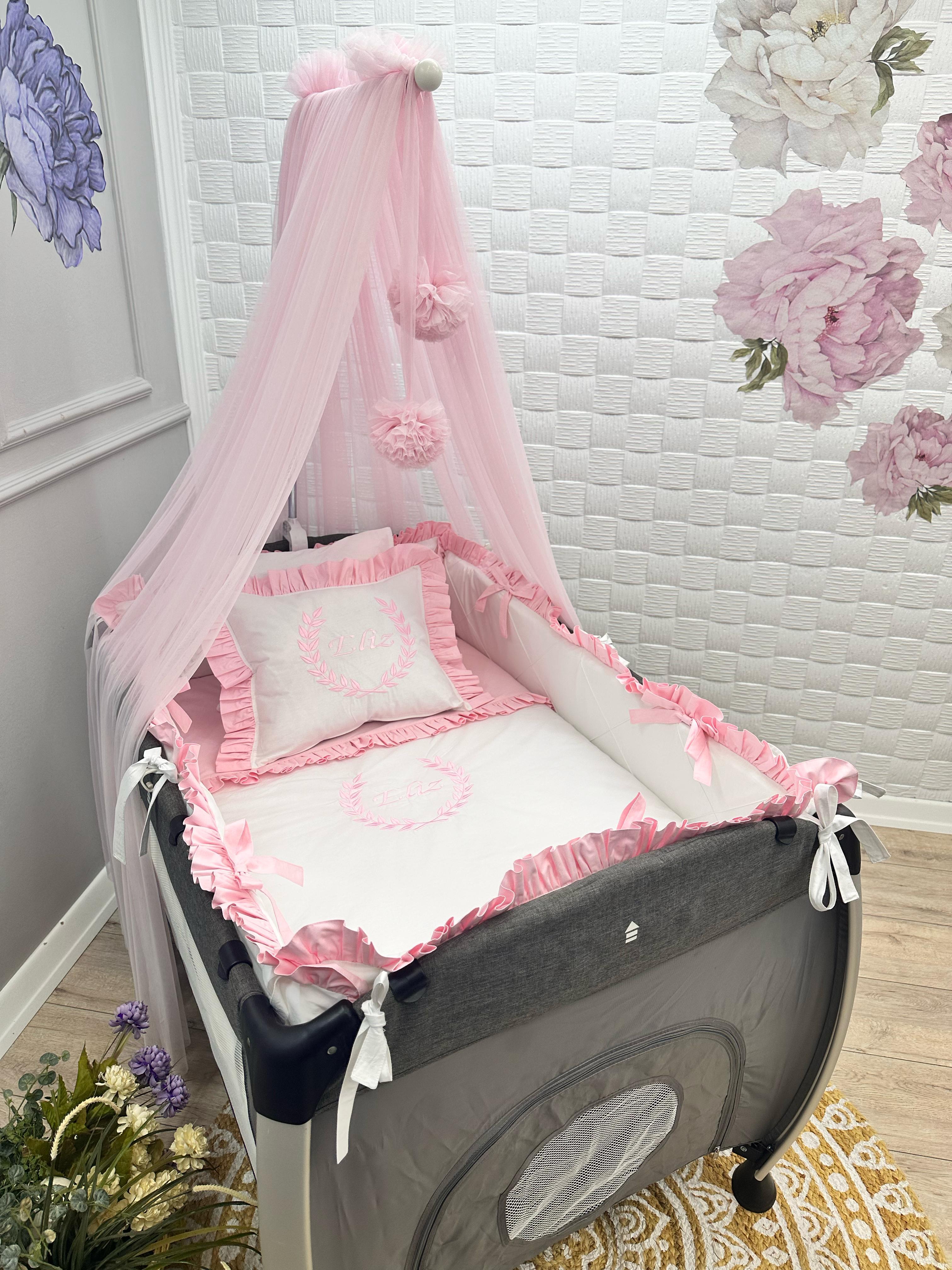 ELEGANT BEYAZ BEBEK PEMBE FIRFIRLI PARK BEŞİK UYKU SETİ 