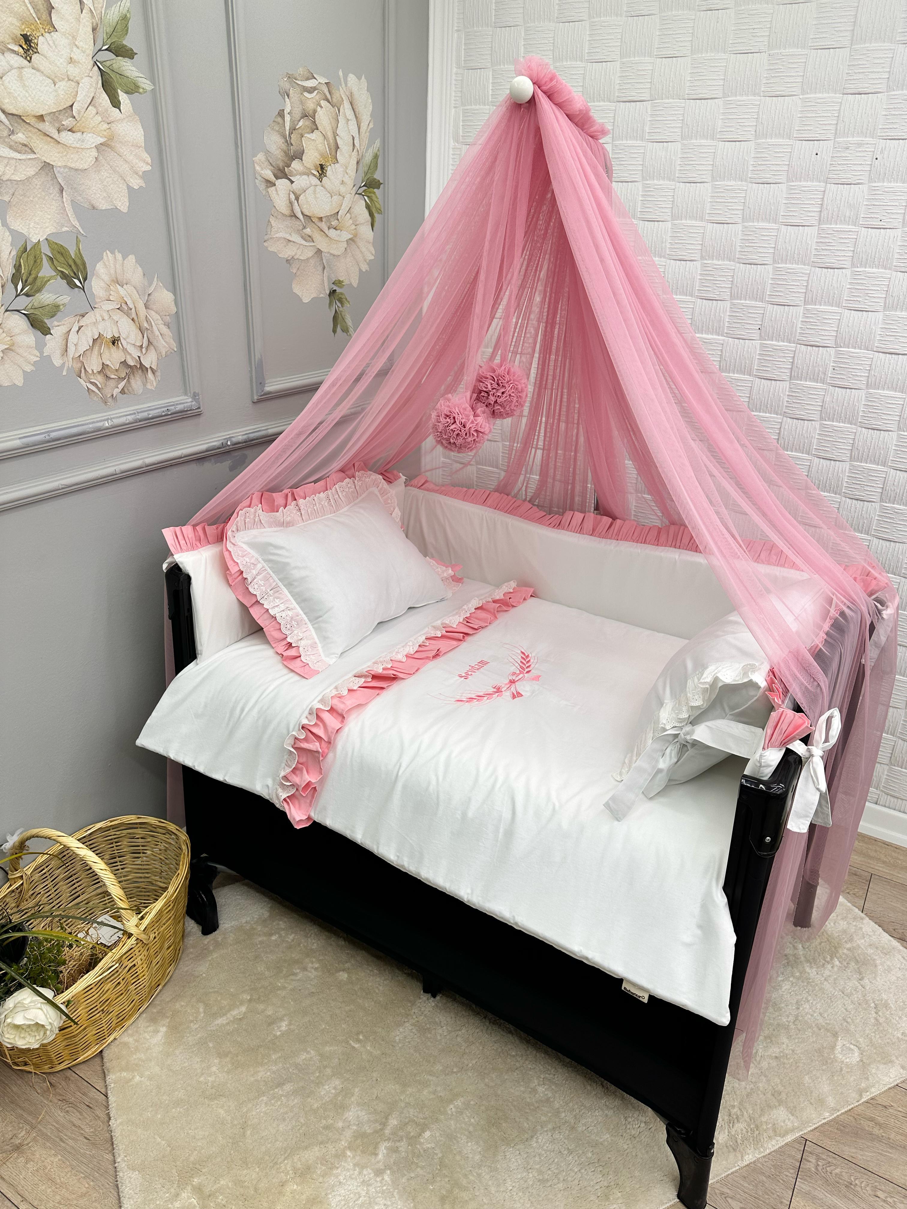 ELEGANT BEYAZ PEMBE FIRFIRLI PARK BEŞİK UYKU SETİ 