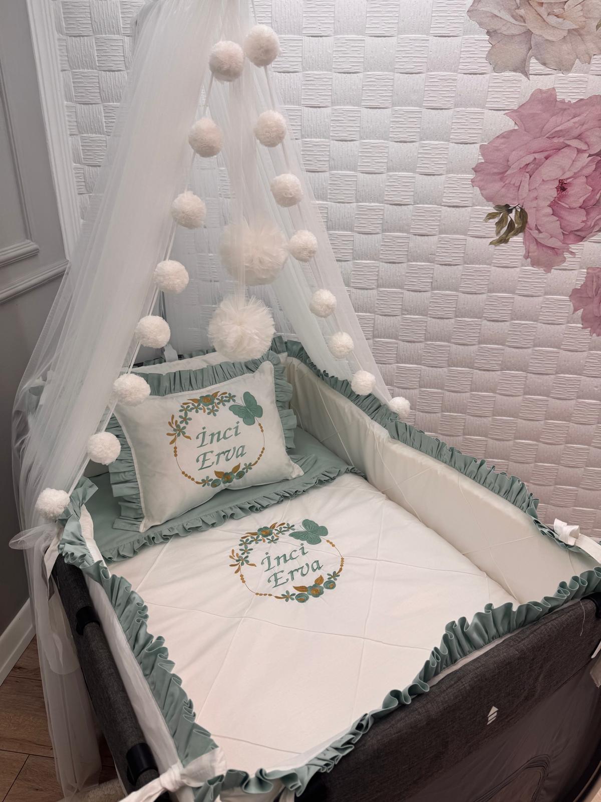 ELEGANT EKRU -MİNT YEŞİL FIRFIRLI PARK BEŞİK UYKU SETİ 