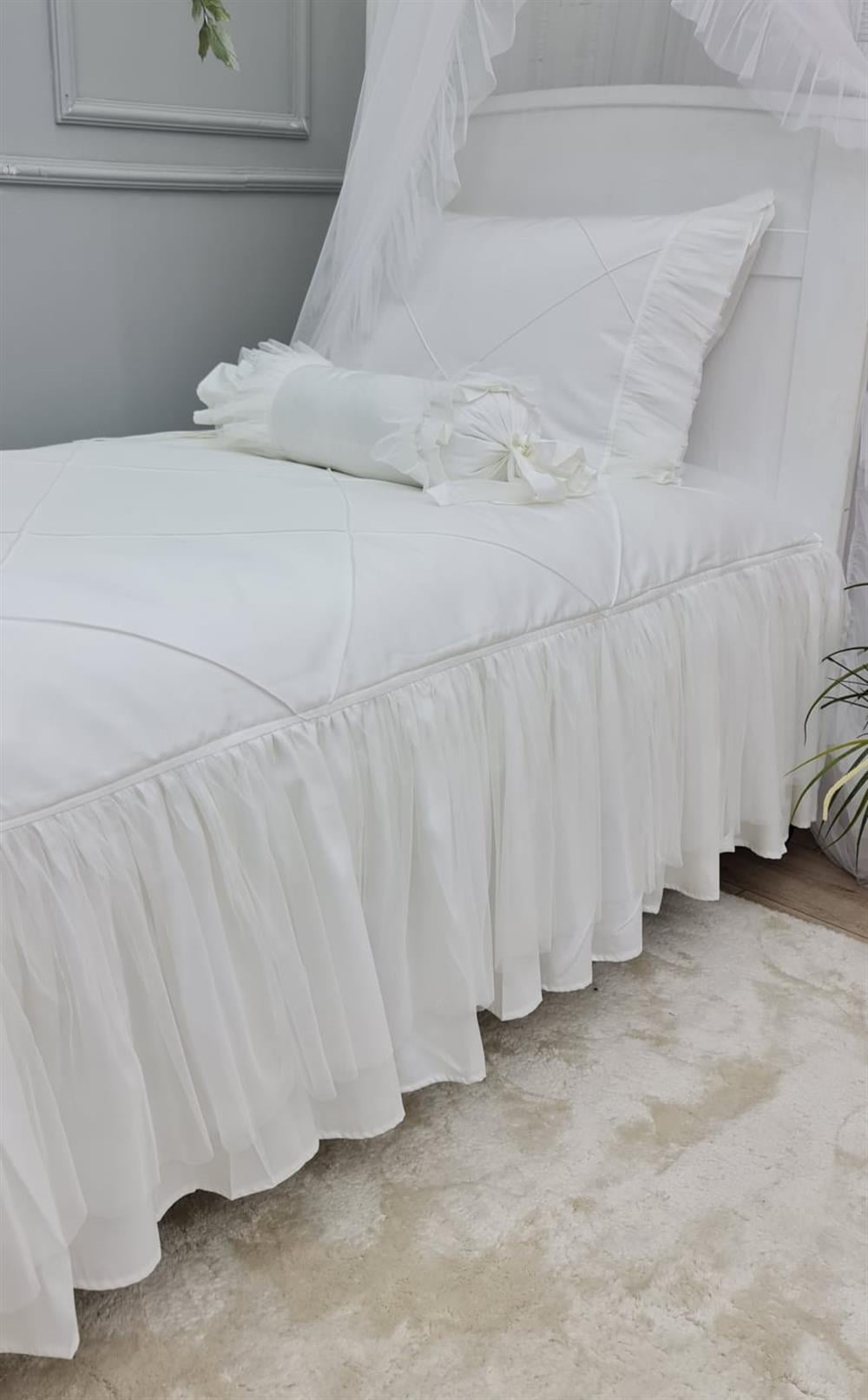 ELEGANT EKRU TÜLLÜ TEK KİŞİLİK YATAK ÖRTÜSÜ