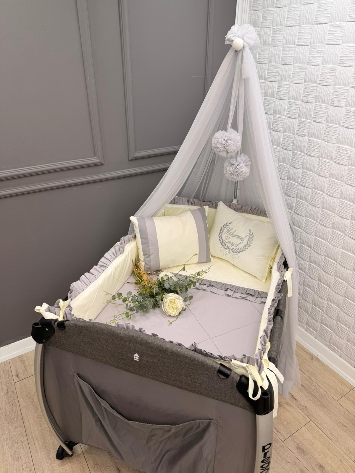 ELEGANT- KREM - GRİ  KOMBİNLİ PARK BEŞİK UYKU SETİ 