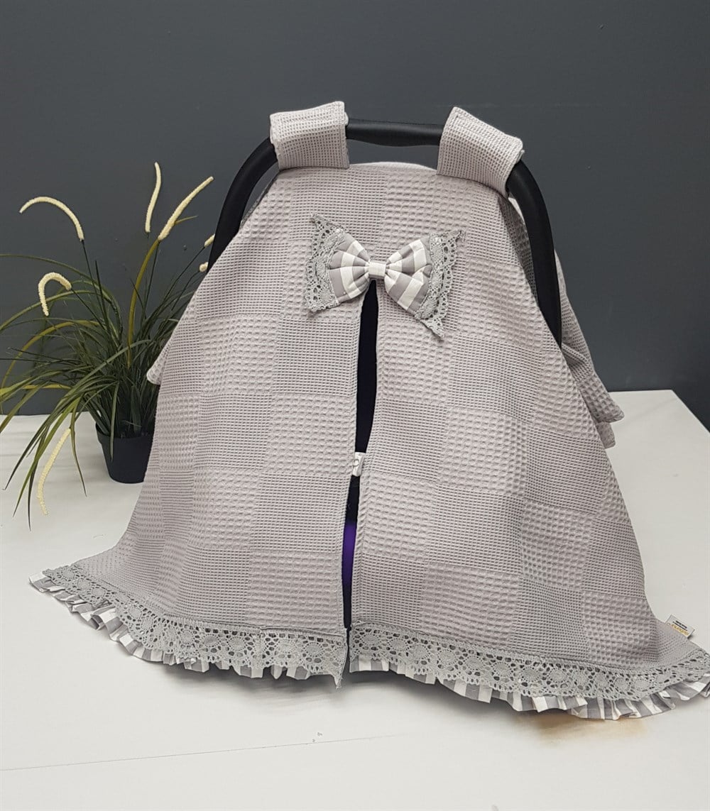 GRİ PİKE GRİ ZEBRA DANTELLİ PUSET ÖRTÜSÜ