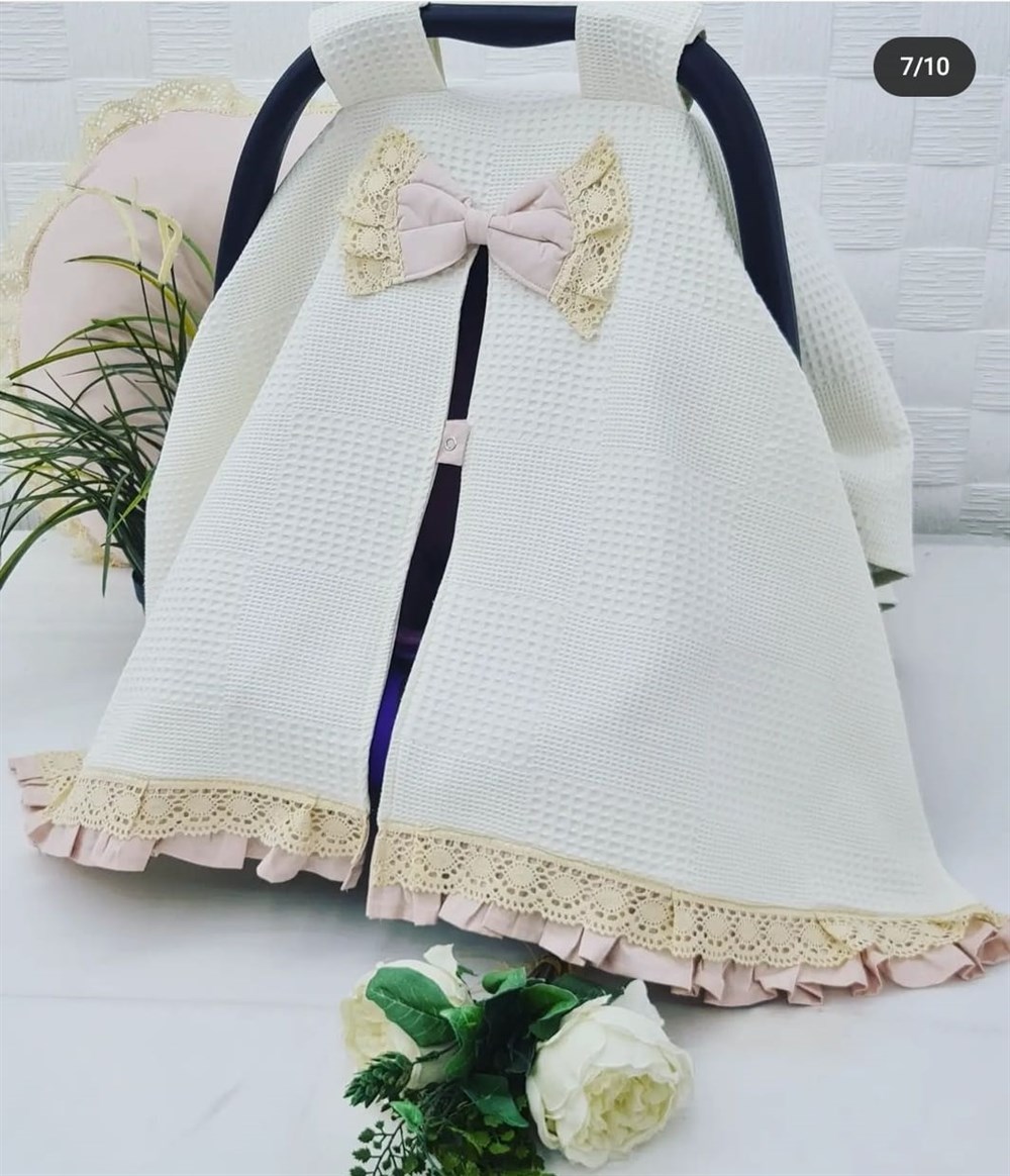 KREM PİKE PUDRA FIRFIRLI DANTELLİ PUSET ÖRTÜSÜ