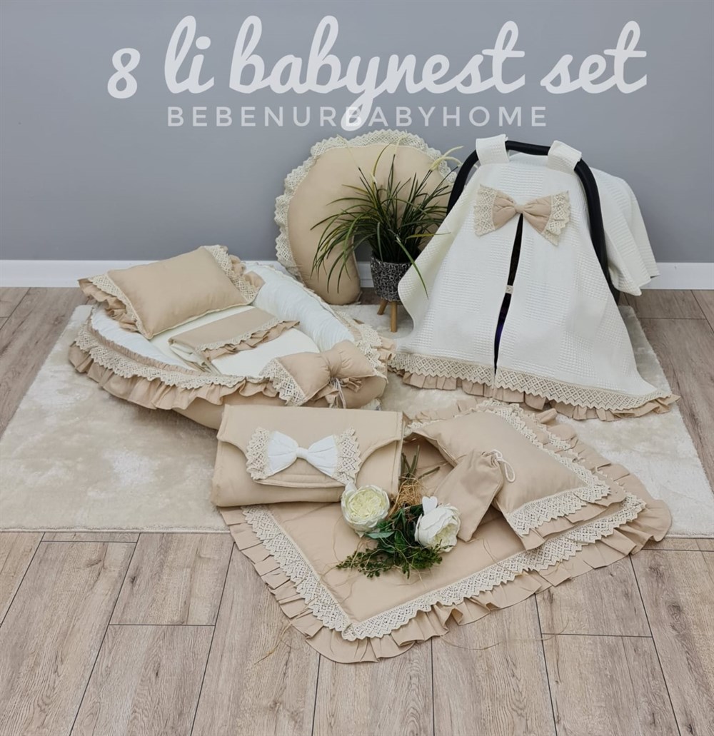 KREM VE BEJ KOMBİNLİ DANTELLİ FIRFIRLI  BABYNEST 8 Lİ SET 