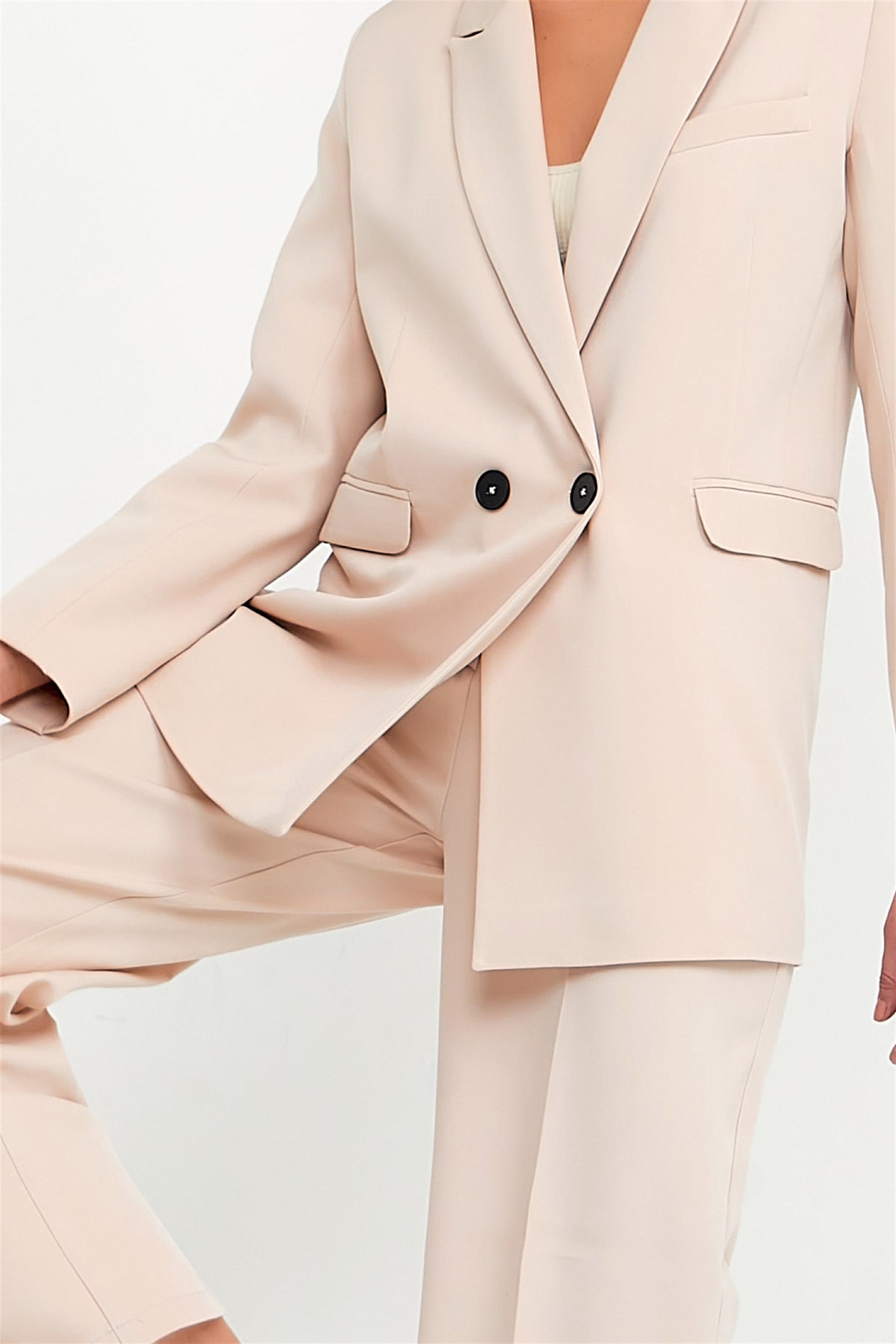 Kadın Taş Rengi Blazer Ceket Palazzo Pantolon Takım