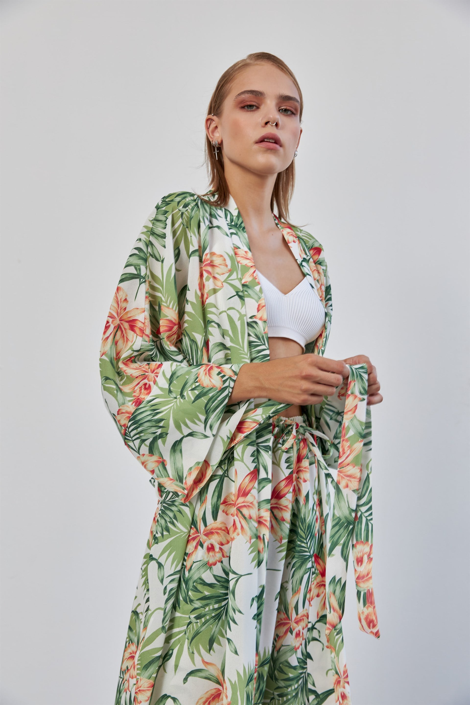 Yeşil Yaprak Desenli Kimono Takım