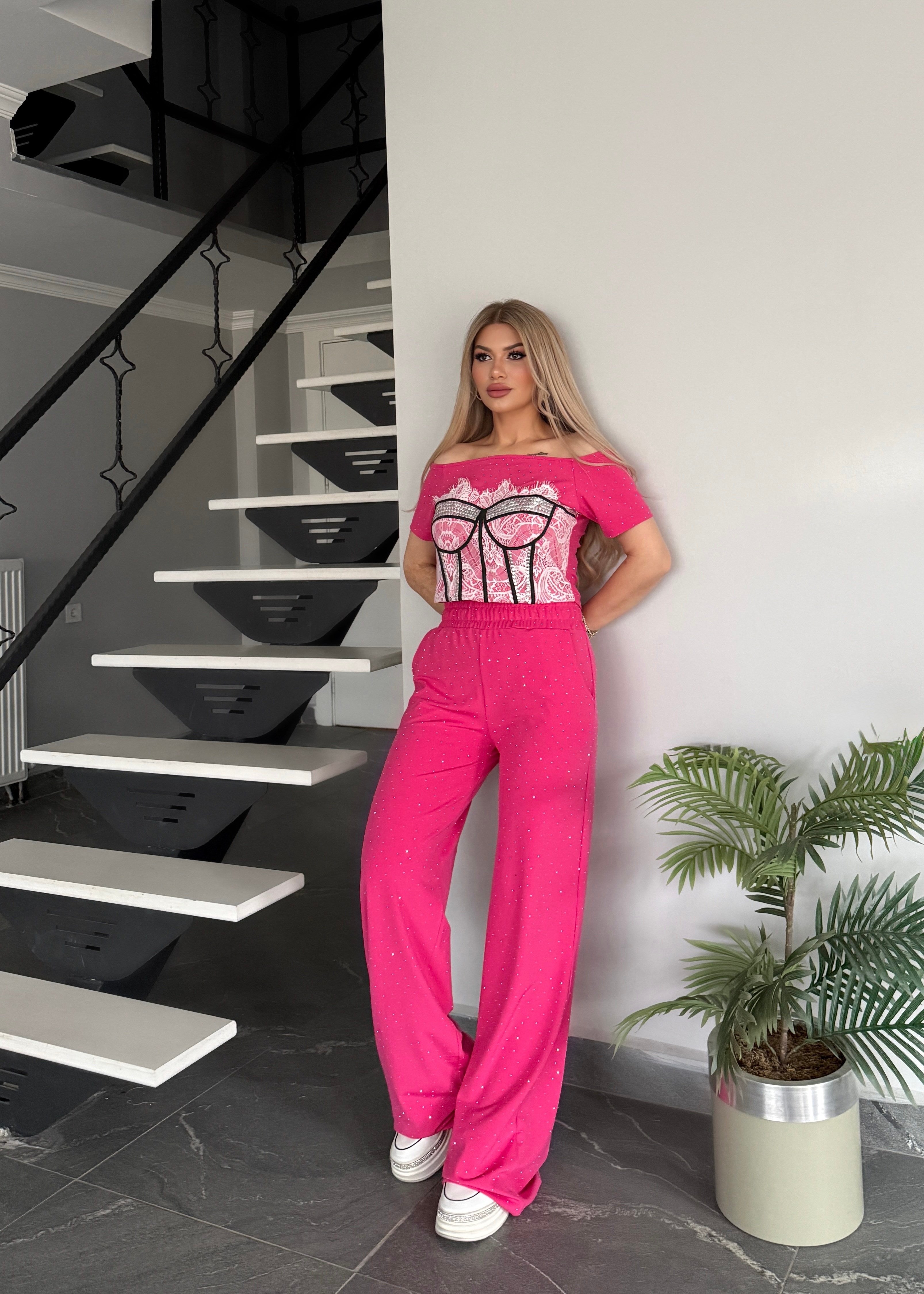 Büstiyer efektli takım pembe  