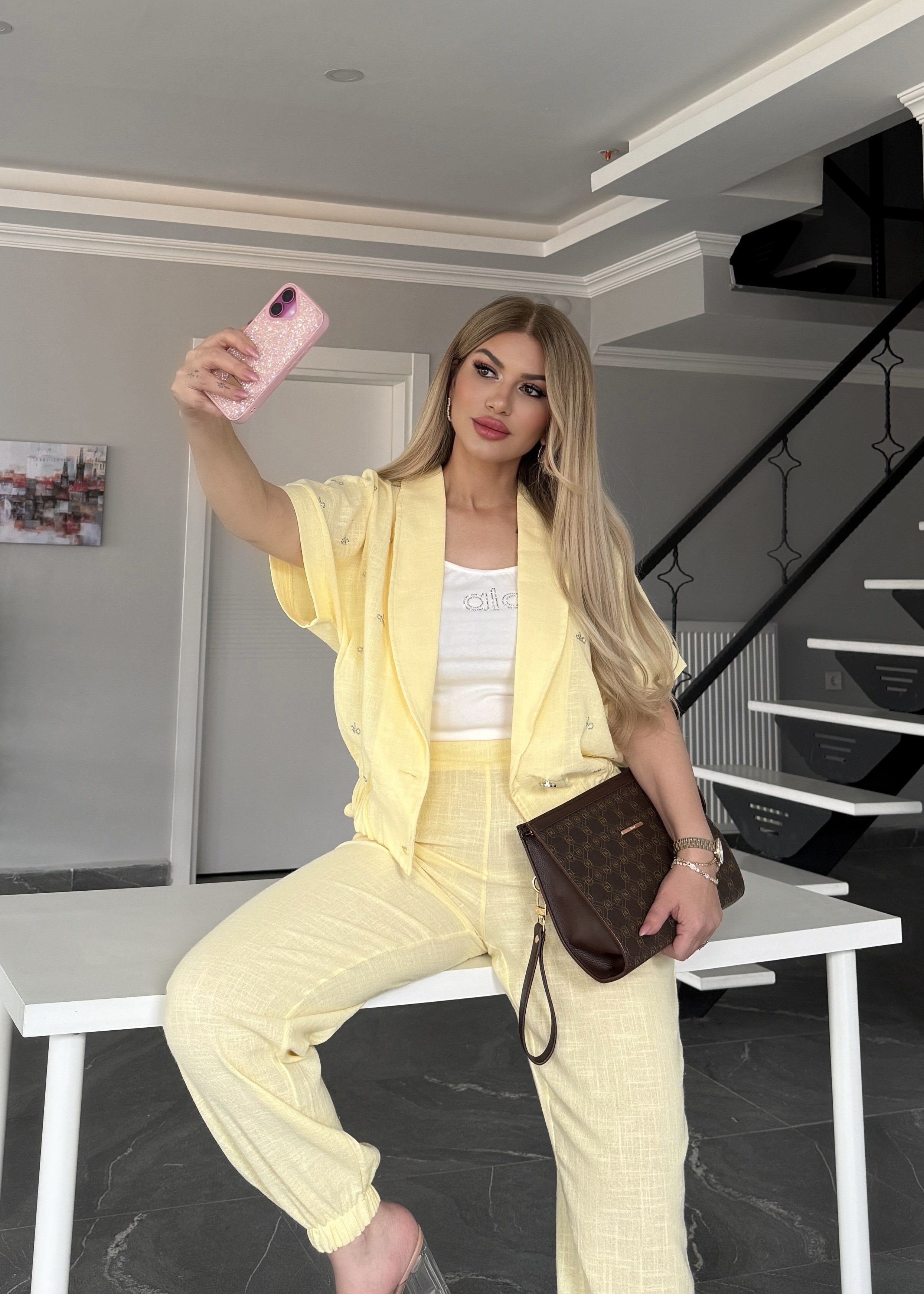 Ceketli taşlı 3 lü keten takım sarı  