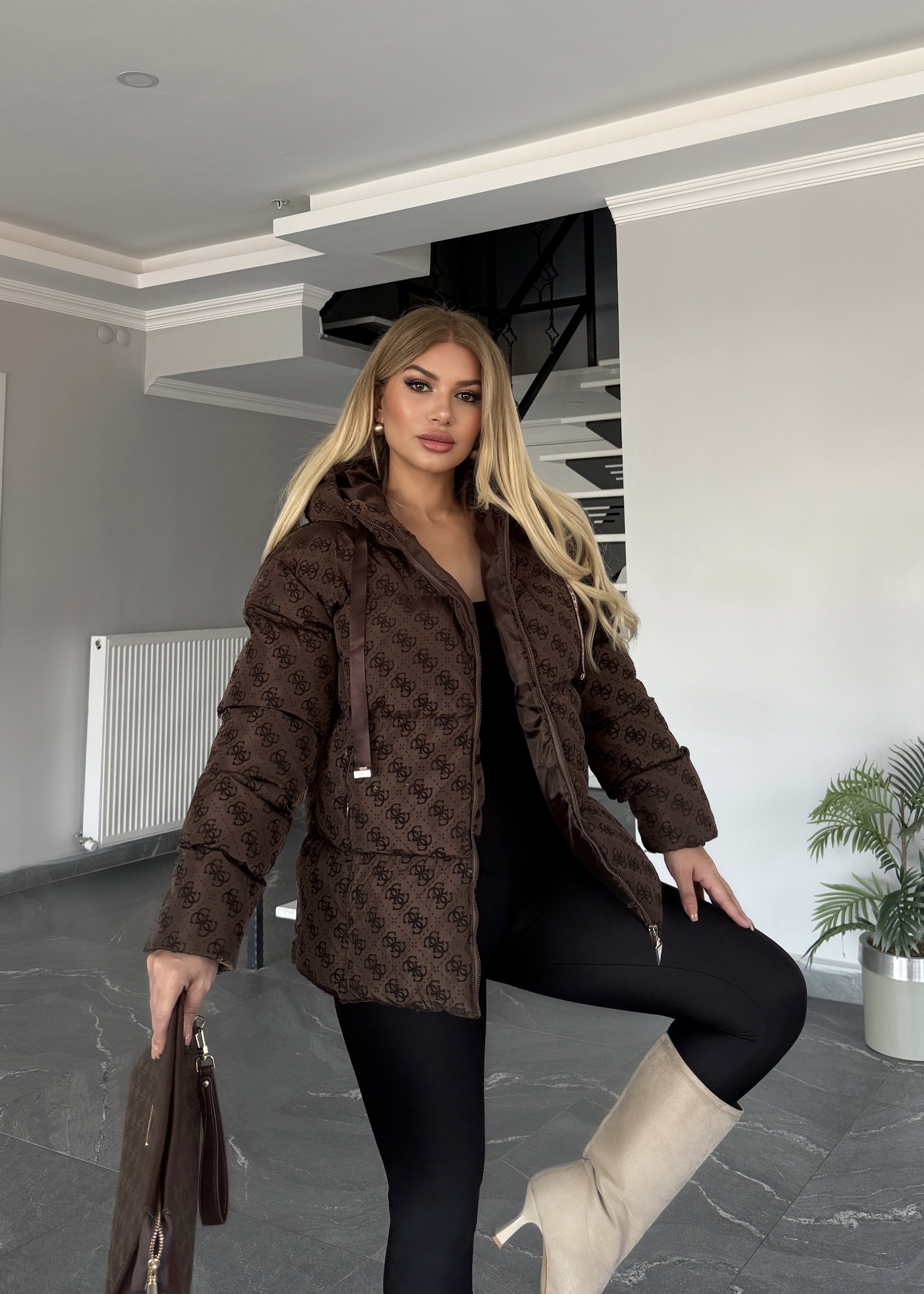 Dolgulu şişme mont acı kahve 