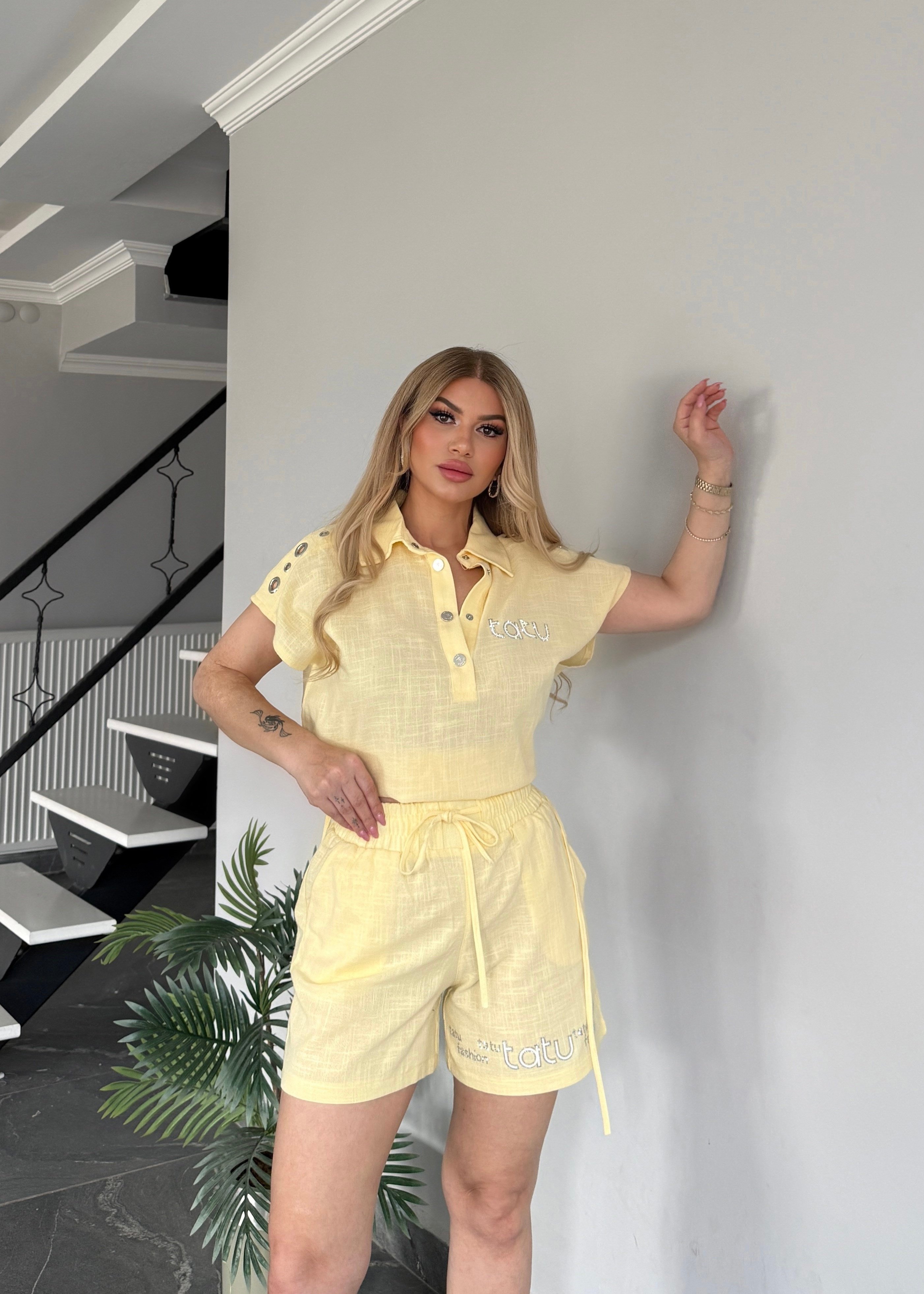 Keten şortlu takım sarı 