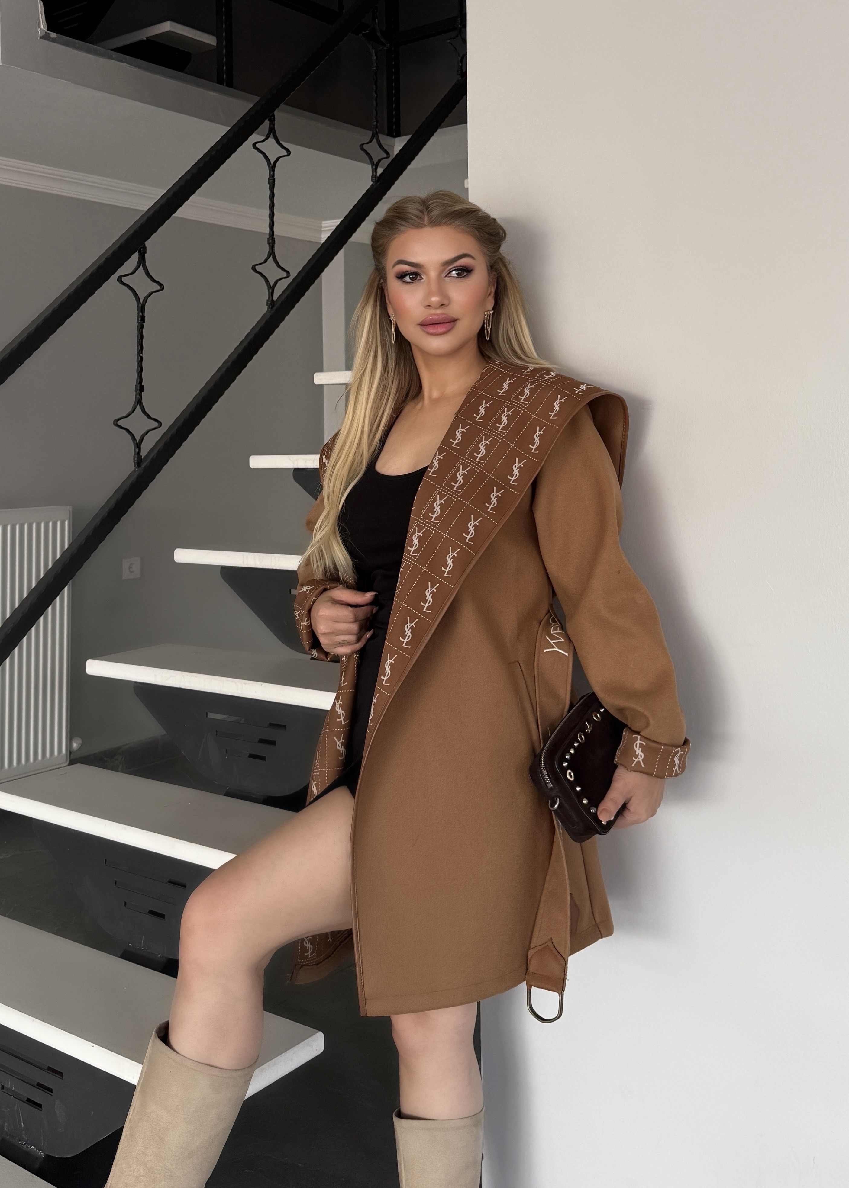 LF kapşonlu trench kahve 