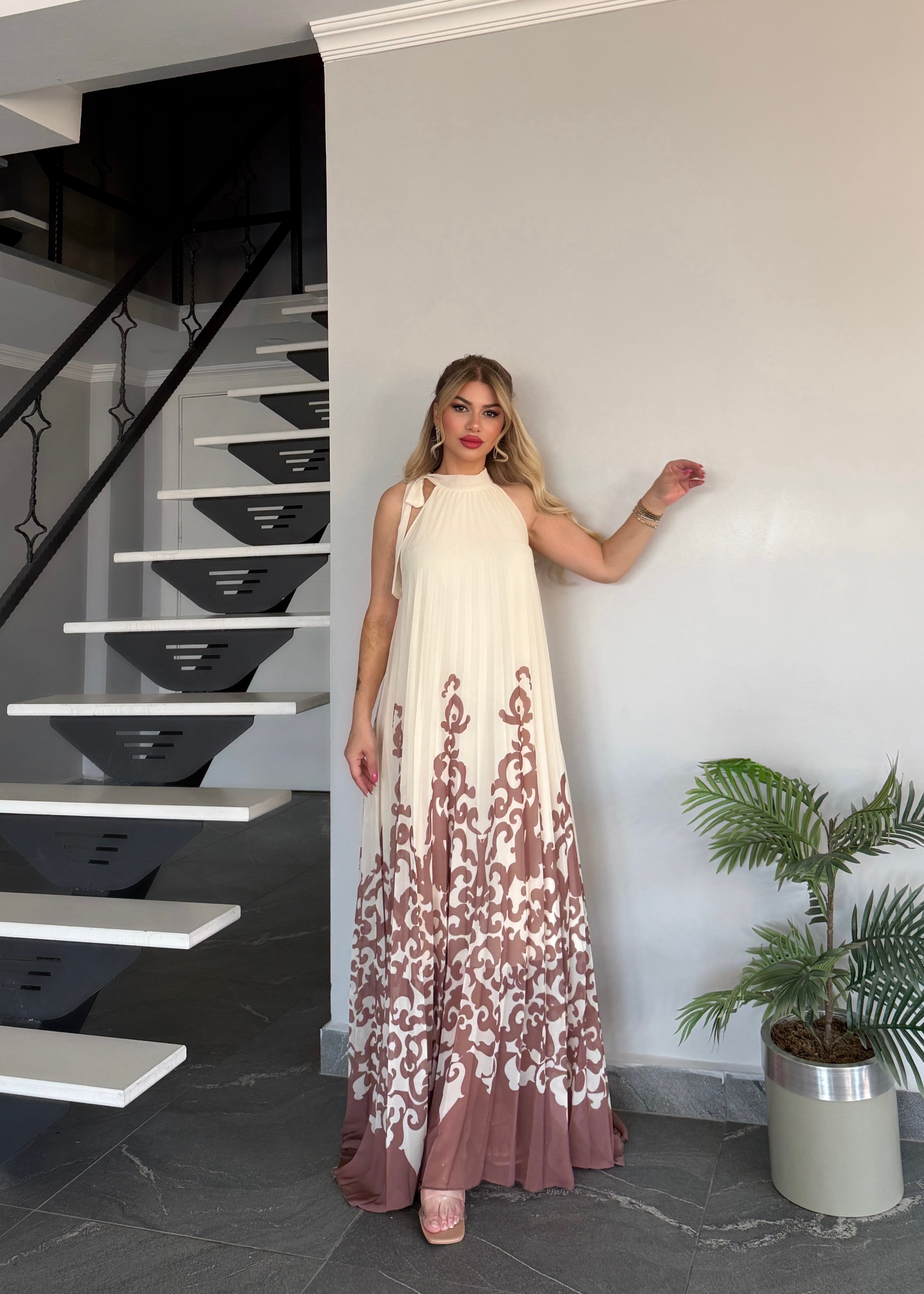 Pilise detaylı şifon elbise nude 
