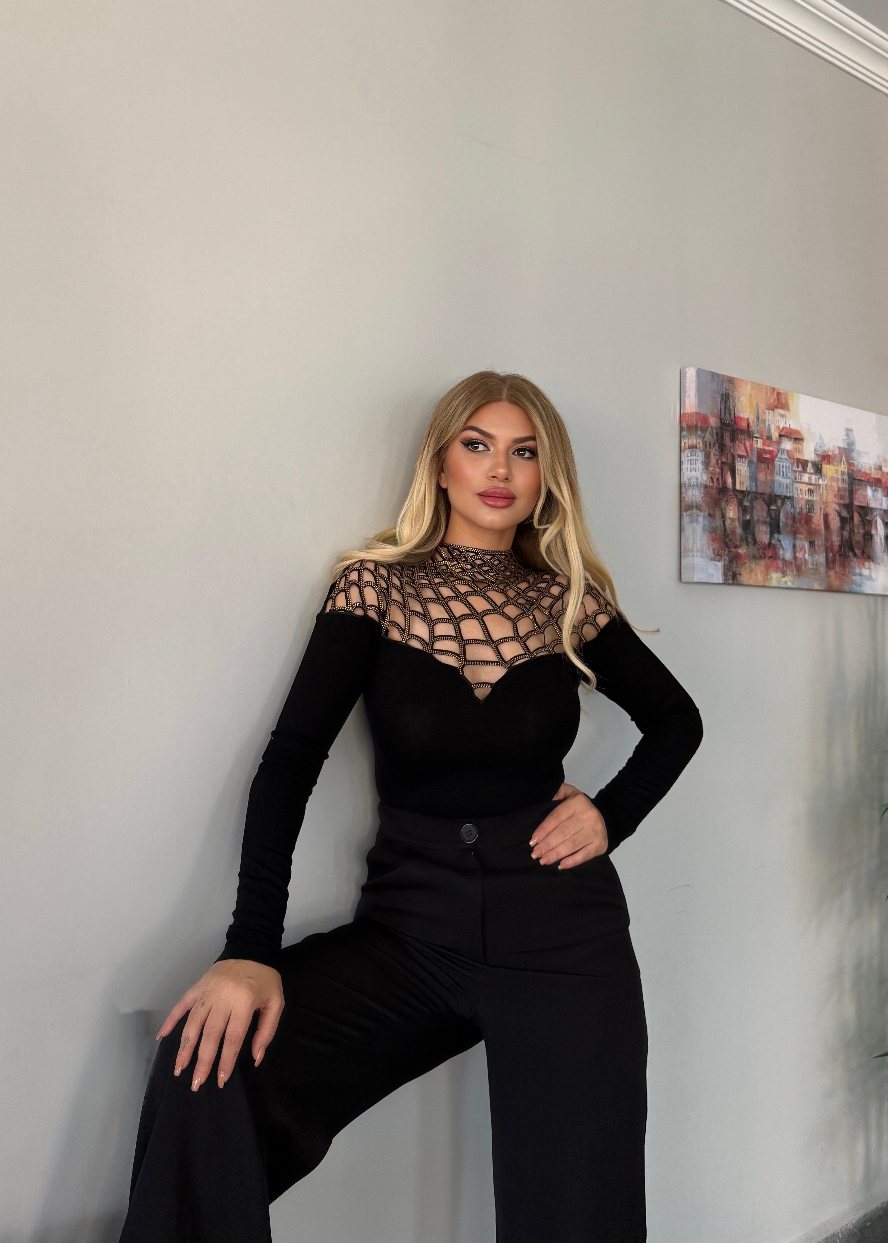 Spider taşlı bluz gold taşlı 