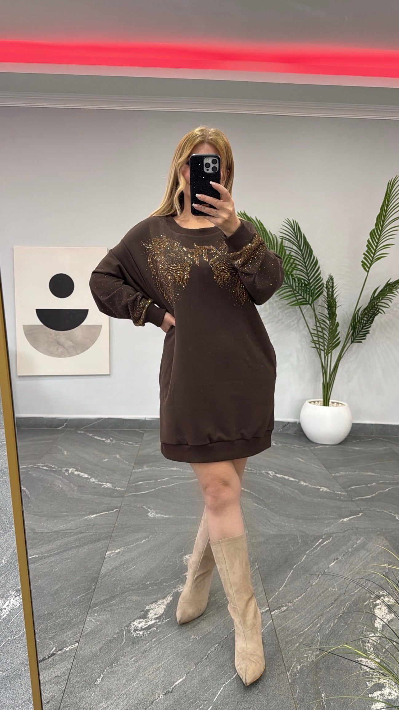 Taşlı İthal Tunik Elbise Kahve 