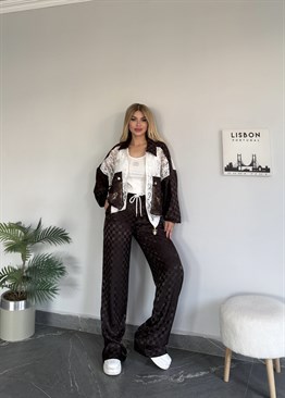 3 lü dantelli saten takım acı kahve 