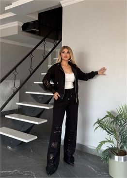 BB Dantelli Taşlı takım siyah 