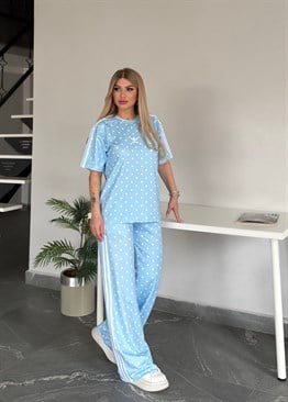 Bel detaylı Puantiye takım mavi  
