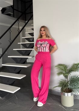 Büstiyer efektli takım pembe  