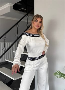 Madonna yaka taşlı takım beyaz 
