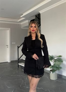 Mini dantelli ceket elbise siyah 