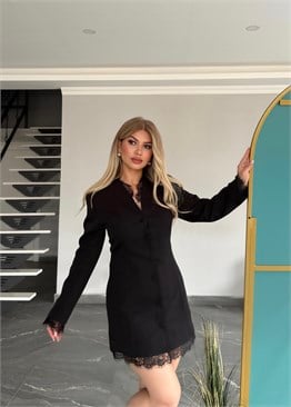 Mini dantelli ceket elbise siyah 