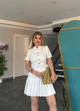 Monaco Kemerli Piliseli Elbise Ekru