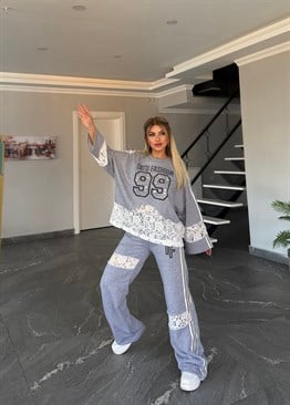 Numaralı taşlı dantelli takım gri  