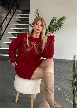 Taşlı İthal Tunik Elbise Bordo  