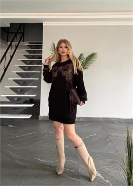 Taşlı İthal Tunik Elbise Siyah 