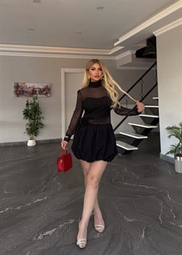 Tül Detaylı Balon Elbise