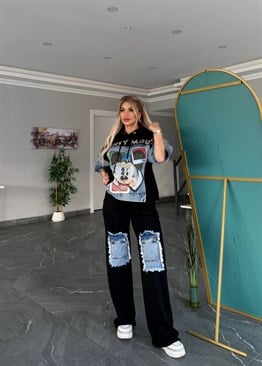 Yarım kol kotlu mickey takım siyah 