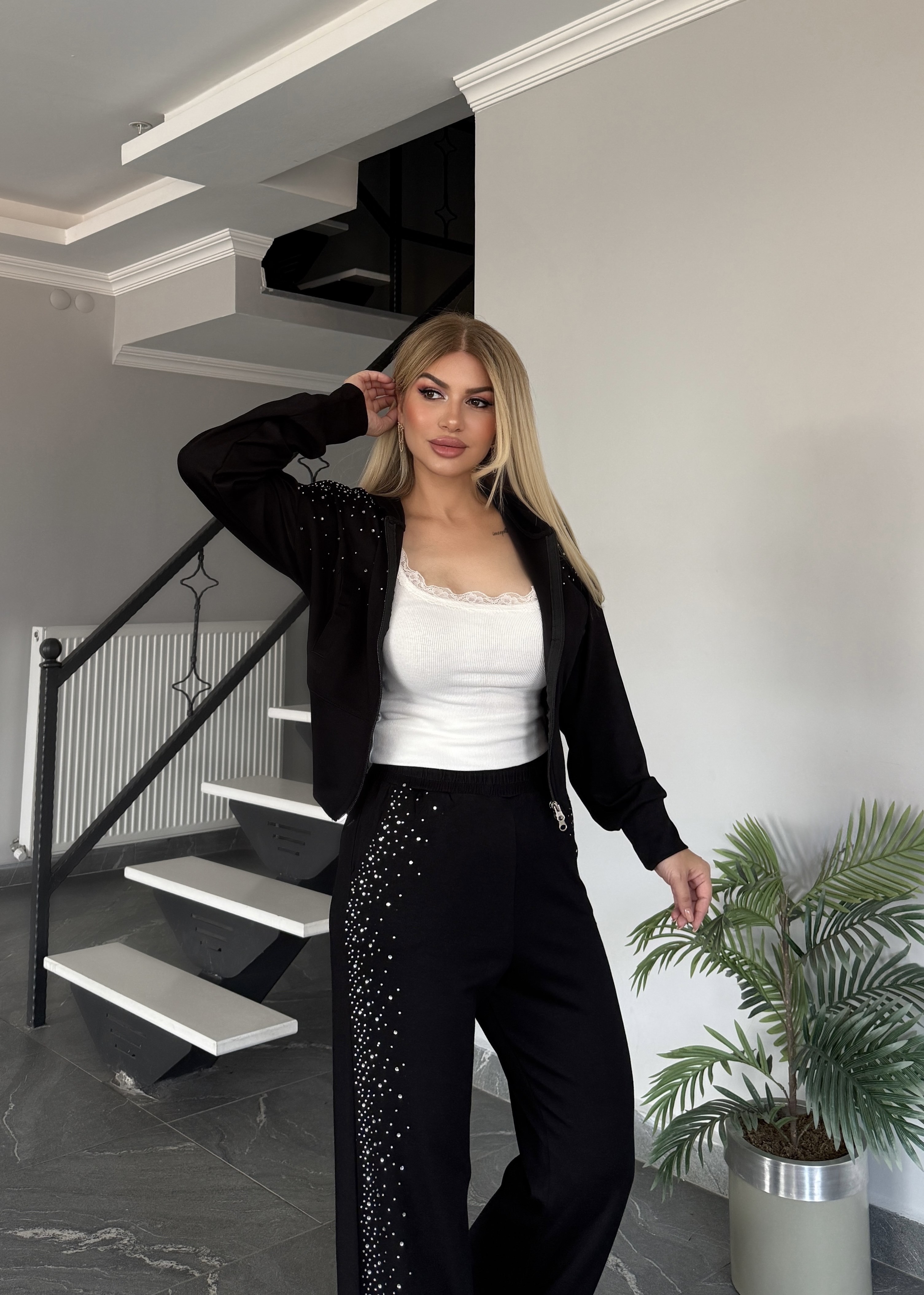 BB çift fermuarlı taşlı takım siyah 