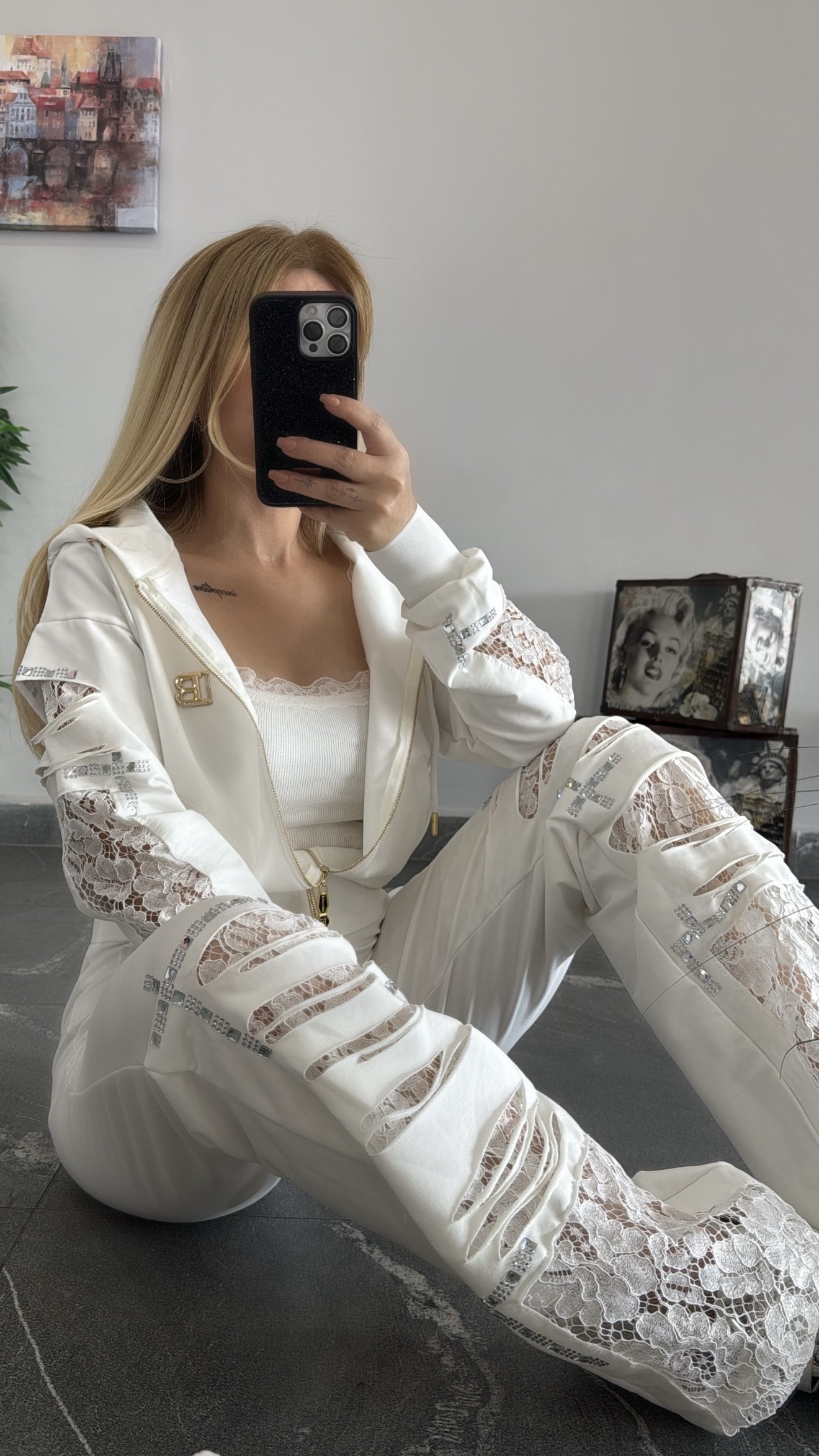 BB Dantelli Taşlı takım beyaz 