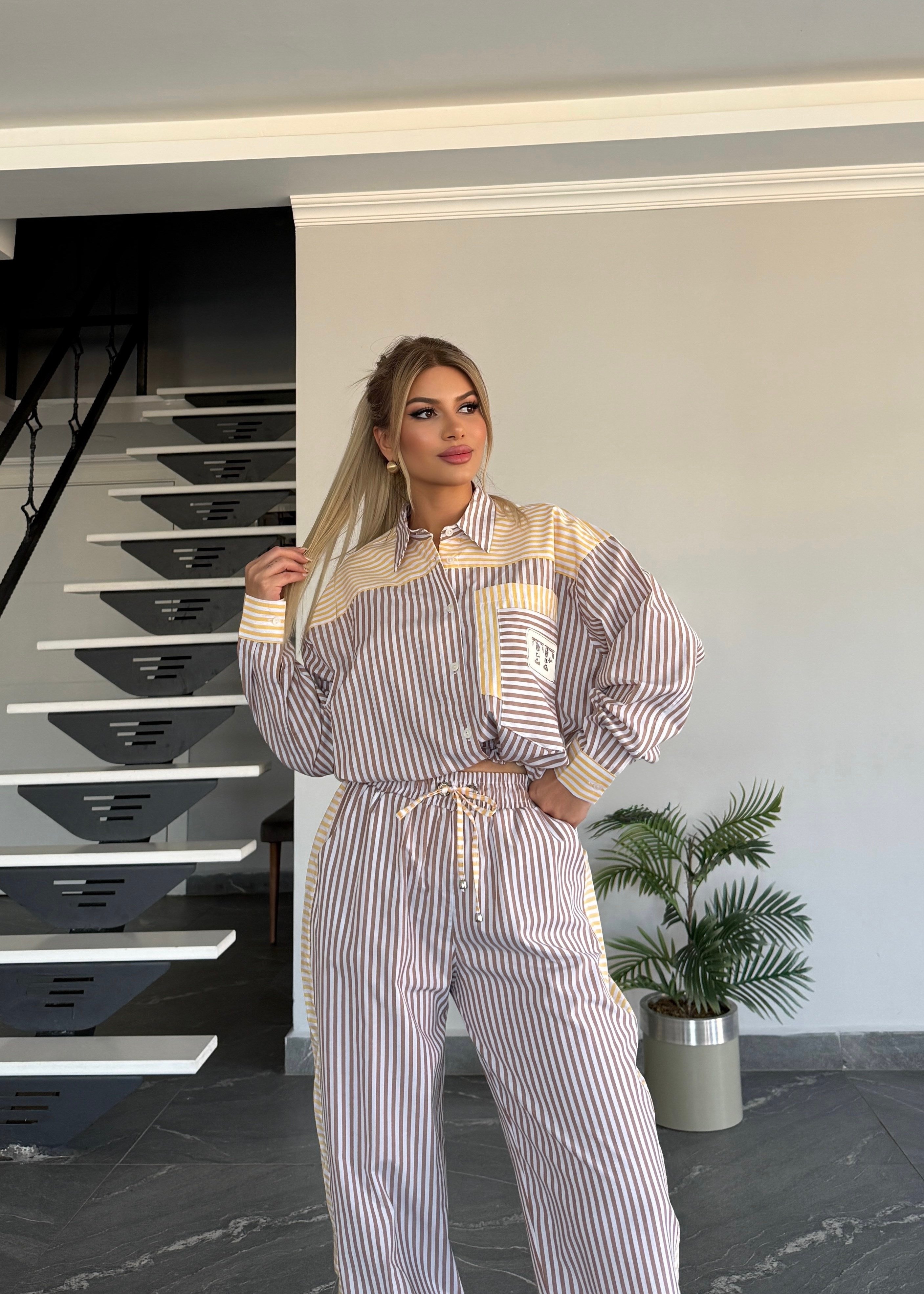 Çizgili çift renki takım nude sarı 