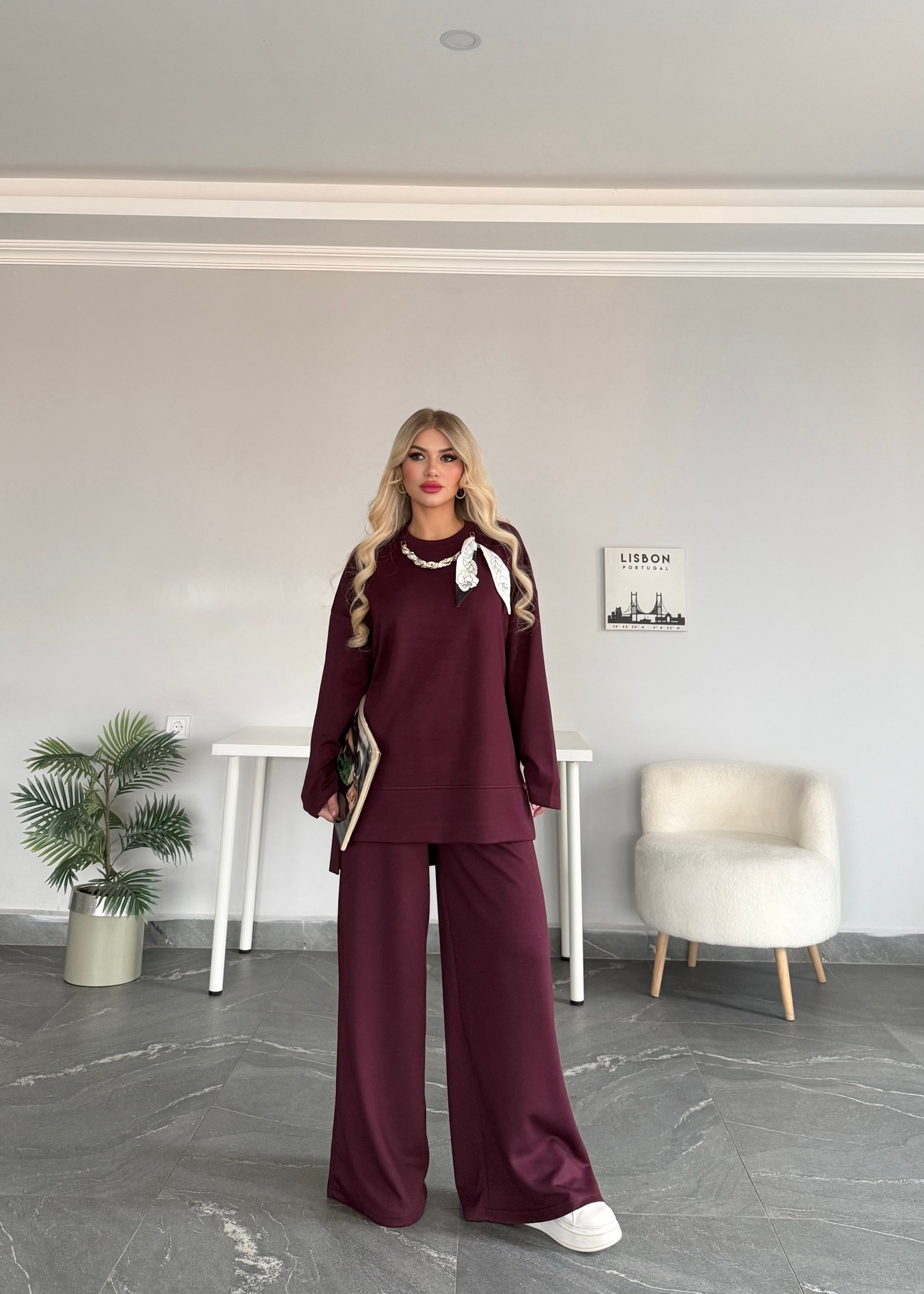 Fularlı takım bordo 