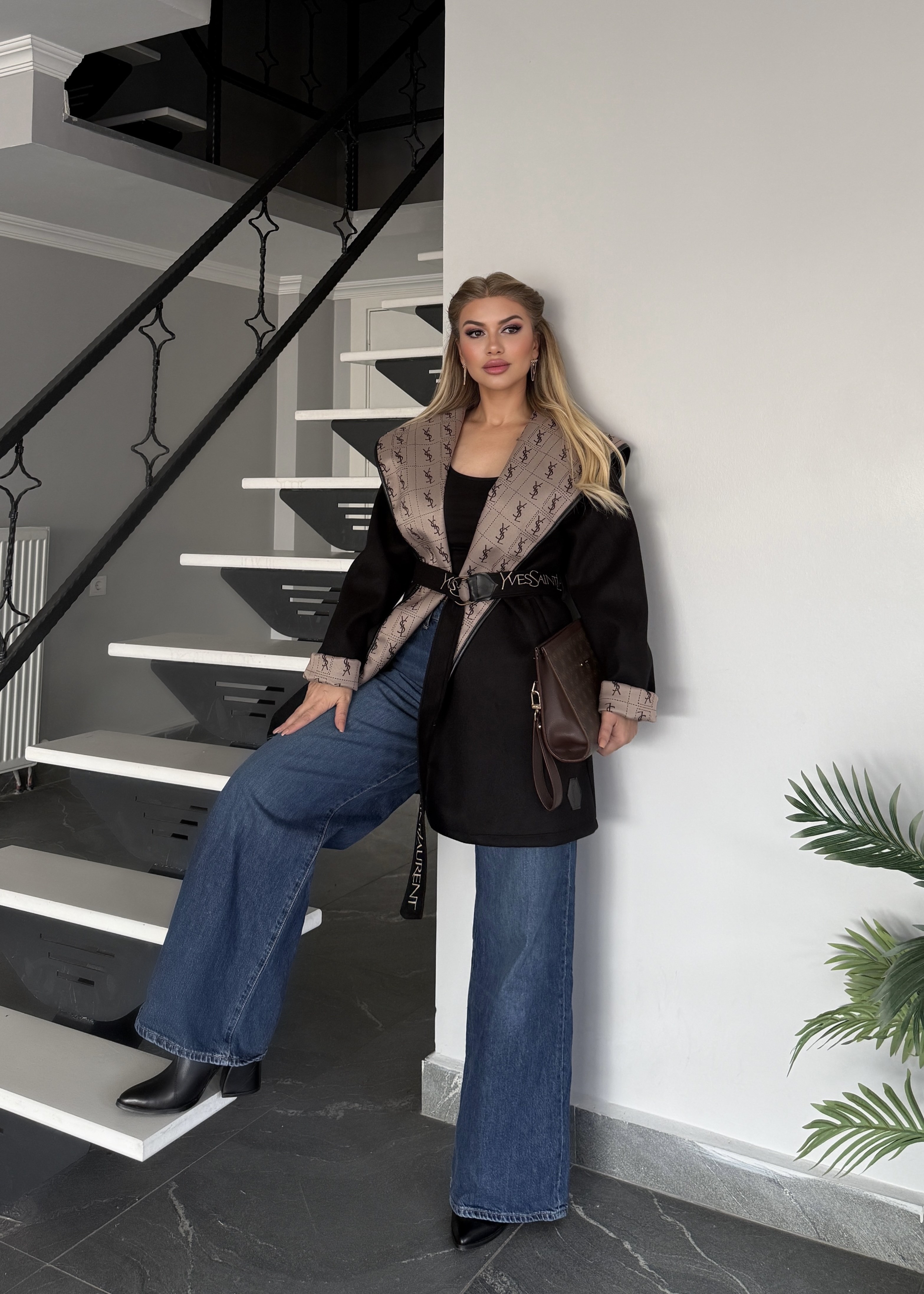 LF kapşonlu trench siyah 