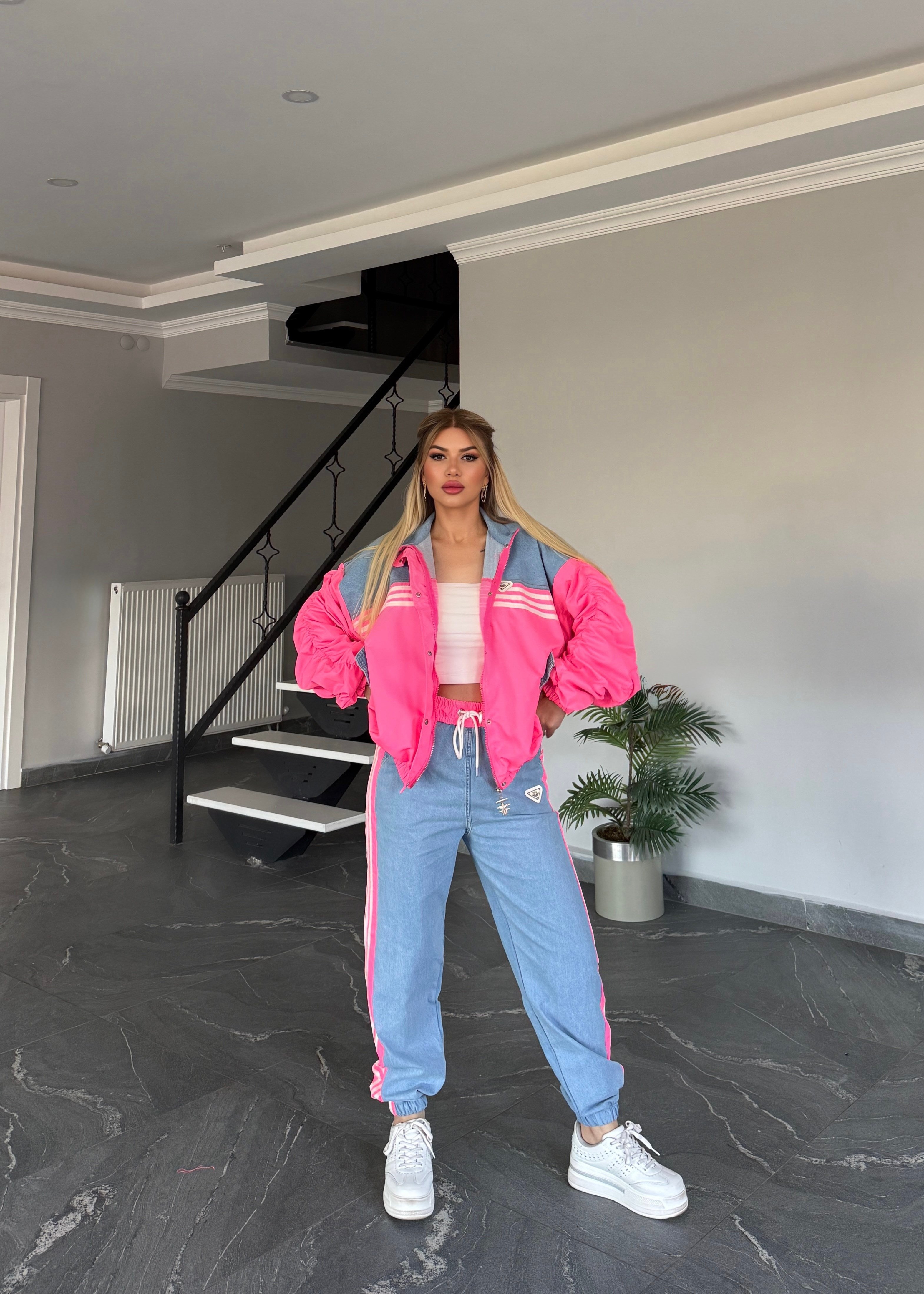 Şeritli kotlu takım pembe 