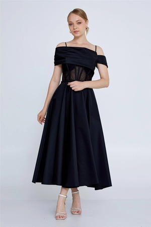 Off Shoulder Midi Polyester Column Regular Black Evening Dress