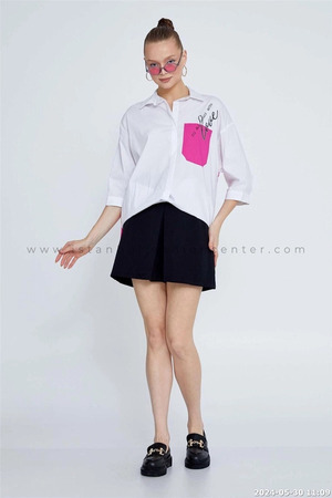 Mid-Length Printed Plus Size White Fuchsia Blouse 