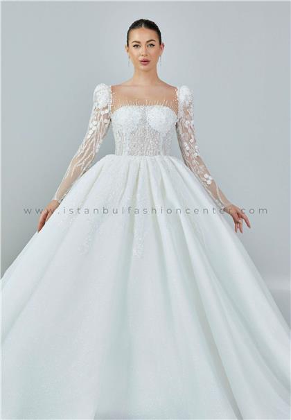 ABBRIDE BRIDALLong Sleeve Maxi Tulle Regular Ecru Wedding Dress Abb23037kıb