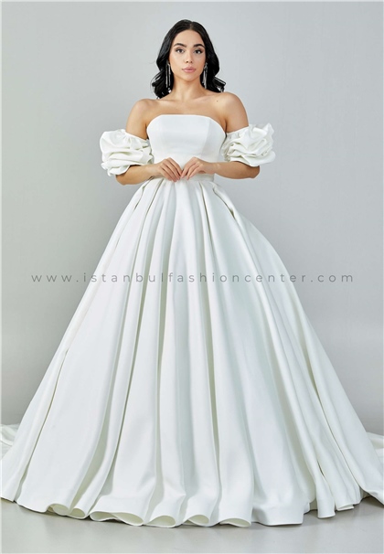 ABBRIDE BRIDALOff Shoulder Maxi Satin Regular Ecru Wedding Dress Abb2201200kıb