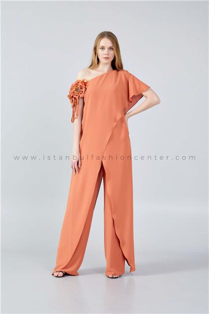 ALCHERASleeveless Chiffon Regular Fit Regular Orange Evening Jumpsuit Alc3247tar