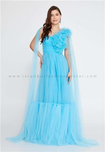 ALCHERASleeveless Maxi Tulle A - Line Regular Blue Prom Dress Alcy3217tur