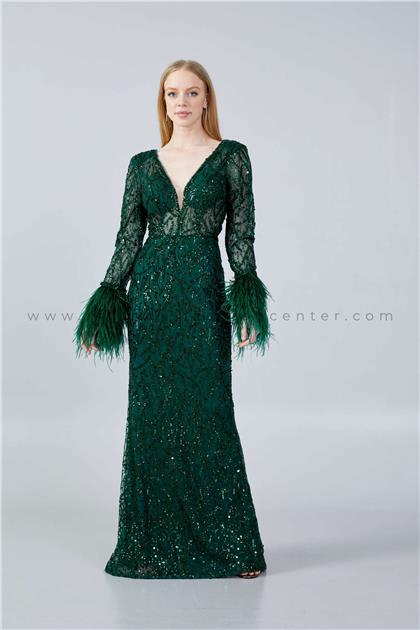 ALİN EXCLUSIVELong Sleeve Maxi Sequin Mermaid Regular Green Wedding Guest Dress Aln1636hur
