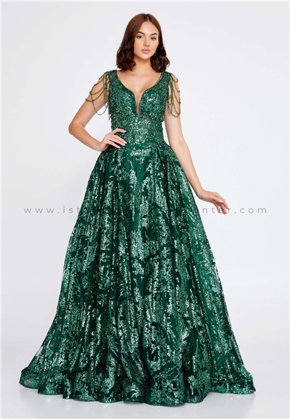 ALİN EXCLUSIVESleeveless Maxi Sequin A - Line Regular Green Prom Dress Aln1548ysl